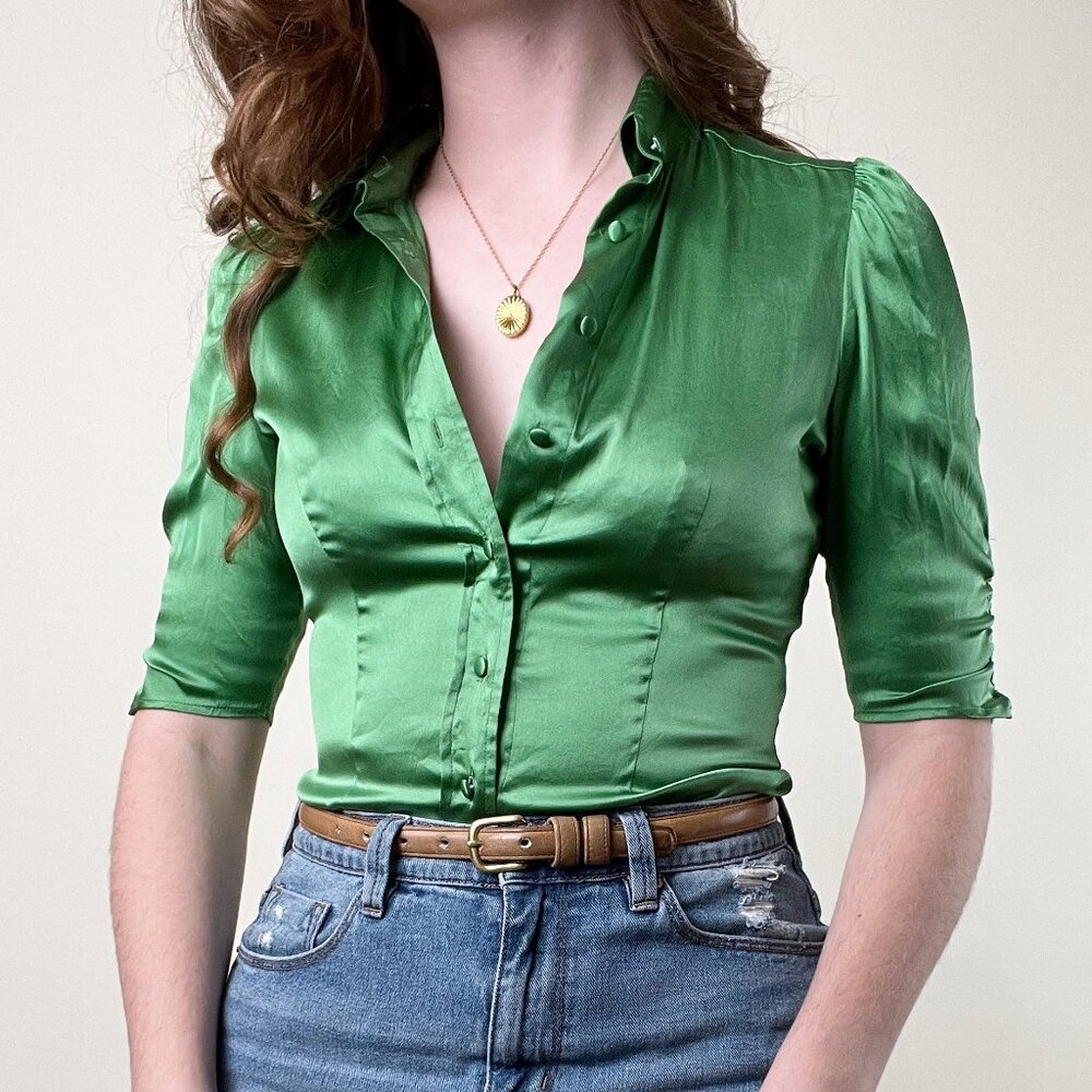Vintage 100% Silk Rushed Puff Poof Sleeve Button Down Up Shirt Fitted Blouse Top - Picture 8 of 8